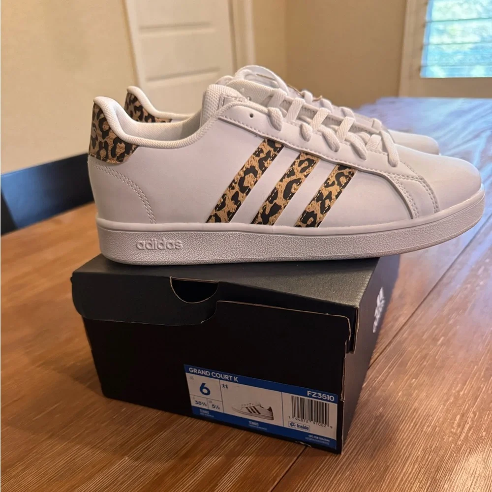 Adidas Grand Court K White Sneakers with Animal Print Stripes - Picture 1 of 3